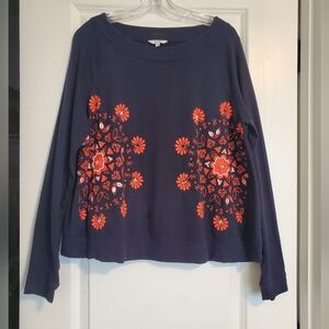 Crown & Ivy Navy Sweatshirt with Ebroidered Orange Floral Pattern MED.